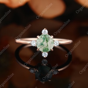 Round cut moss agate engagement ring, handmade gift diamond moissanite wedding ring, personalized gift rose gold ring women Solid gold ring
