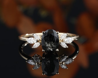 Oval Black Rutilated Quartz engagement ring vintage unique rose gold Marquise diamond Cluster wedding vintage ring Bridal Anniversary gift