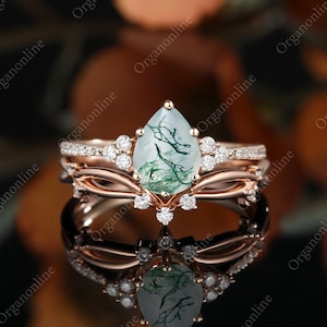 Pear shaped moss agate engagement ring, Diamond moissanite curved wedding band, Vintage rose gold half eternity bridal set, Twig branch ring