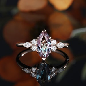 Alexandrite engagement ring, vintage 14k 18k rose yellow gold, Unique Marquise ring, moissanite engagement ring, diamond bridal promise ring