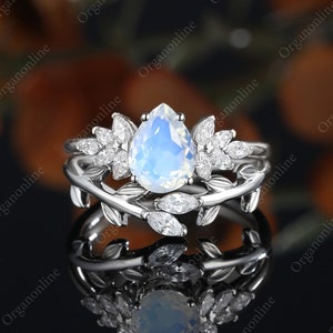 Pear shaped moonstone Engagement ring set,14K/18K white Gold moissanite Diamond Vintage Cluster ring,Art Deco Promise ring,Delicate ring