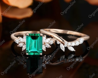 Lab Emerald Cut Bridal Ring Set, Curved Wedding Band