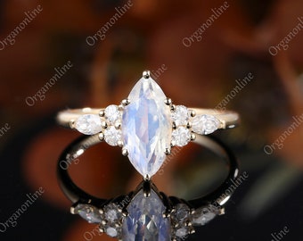 Marquise cut moonstone engagement ring vintage rose gold Unique Cluster moissanite engagement ring diamond Bridal promise dainty ring