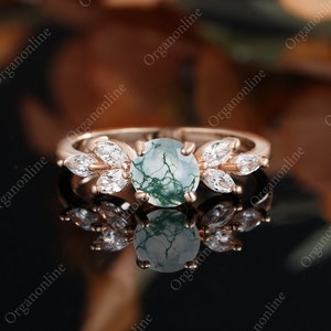 Round cut moss agate diamond engagement ring Vintage marquise moissanite rose gold wedding ring Anniversary bridal ring Unique promise ring