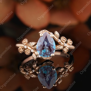 Pear shaped lab alexandrite engagement ring, Solid gold floral Moissanite diamond leaf ring, Nature inspired bridal ring unique wedding ring