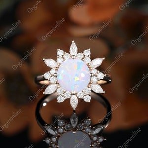 Round Australian opal engagement ring, Marquise cut moissanite diamond halo ring, Vintage rose gold wedding ring,Anniversary promise jewelry
