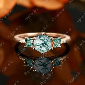 Hexagon cut moss agate engagement wedding ring, vintage art deco baguette cut prong set diamond ring, anniversary rose gold bridal ring