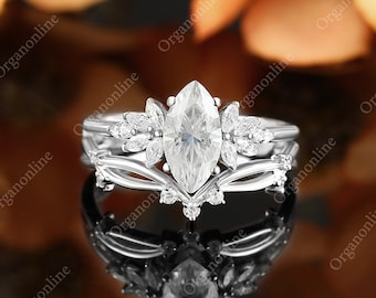Marquise cut moissanite engagement ring, Vintage white gold curved wedding band bridal set, Anniversary prong set diamond wedding ring set