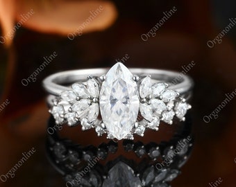 Marquise cut moissanite engagement ring set White gold curved wedding band bridal set Anniversary diamond wedding ring set Vintage prong set