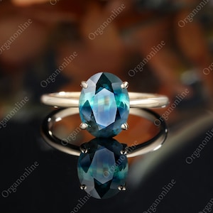 7*9mm Solitaire teal sapphire ring, Unique Simple yellow gold bridal ring, Oval cut engagement ring, Anniversary promise prong wedding ring