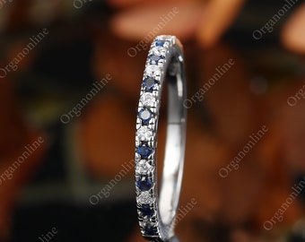 Vintage Sapphire wedding band, Delicate moissanite wedding band, stacking half eternity matching band, anniversary band, unique women ring