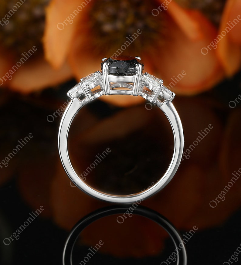 Oval Black Rutilated Quartz engagement ring vintage unique rose gold Marquise diamond Cluster wedding vintage ring Bridal Anniversary gift image 10
