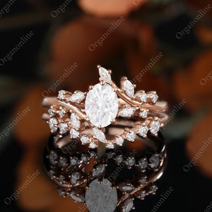 Oval moissanite engagement ring set vintage Unique Marquise cut Diamond Cluster ring Rose gold ring leaf ring Bridal ring Anniversary gift