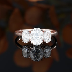Oval Moissanite Engagement ring,Unique Moissanite ring,Solid rose Gold ring,anniversary gift,Three Stone ring,Handmade ring, women ring