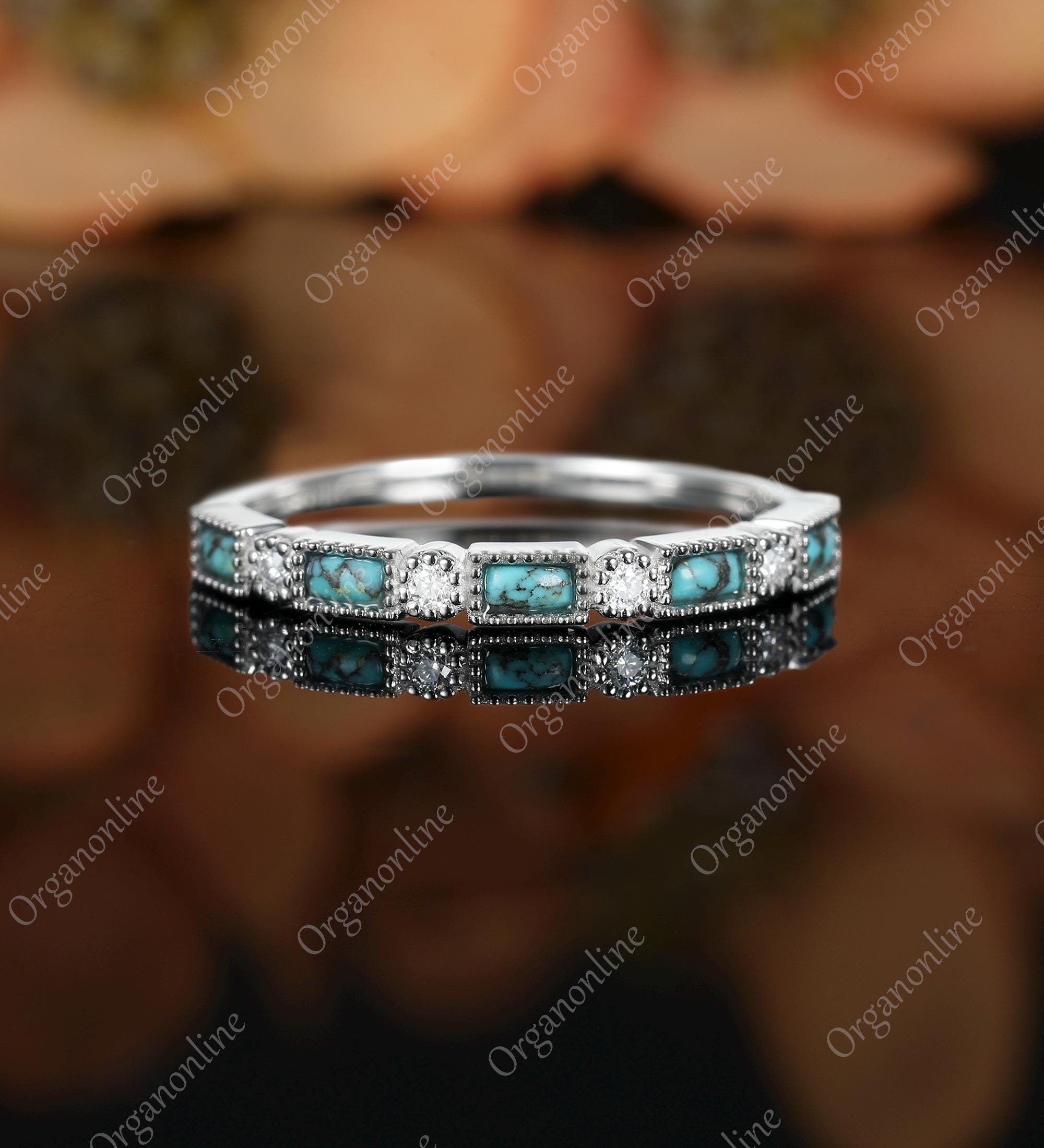 Baguette Turquoise wedding band Solid Gold Diamond Moissanite wedding ring Anniversary Vintage ring Art Deco wedding band promise ring gift