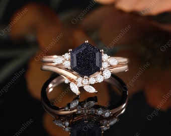 hexagon cut Blue Sandstone engagement ring set vintage unique Cluster rose gold Moissanite women Marquise cut diamond wedding Promise gift