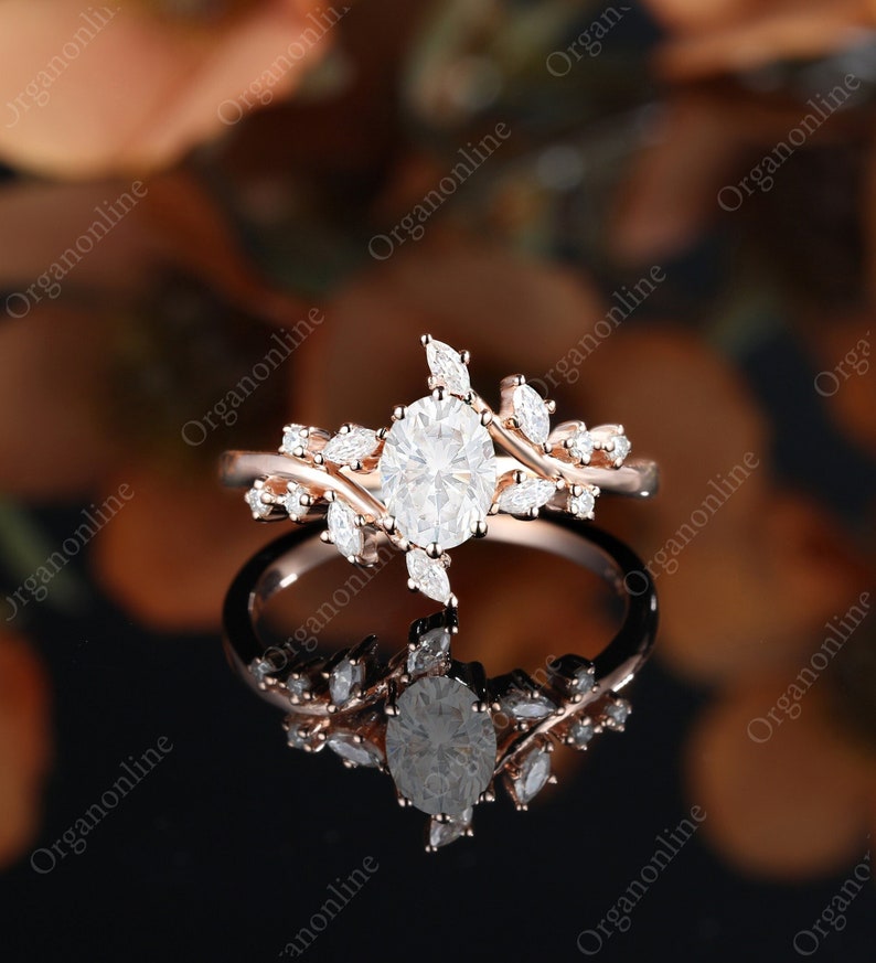 Oval moissanite engagement ring vintage Unique Marquise cut Diamond Cluster ring Rose gold engagement ring leaf ring Bridal ring Anniversary image 1