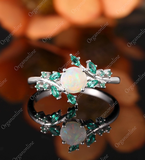 Anelli di coppia incisi, anello di fidanzamento con opale e