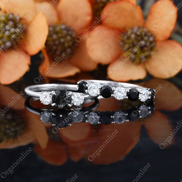 Black Rutilated Quartz engagement bridal set Yellow gold, Rose gold, White gold Moissanite diamond ring set Half eternity band wedding ring