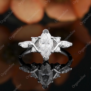 Marquise cut moissanite engagement ring, Solid gold wedding ring, Vintage diamond ring, leaf engagement ring, Unique bridal ring for women