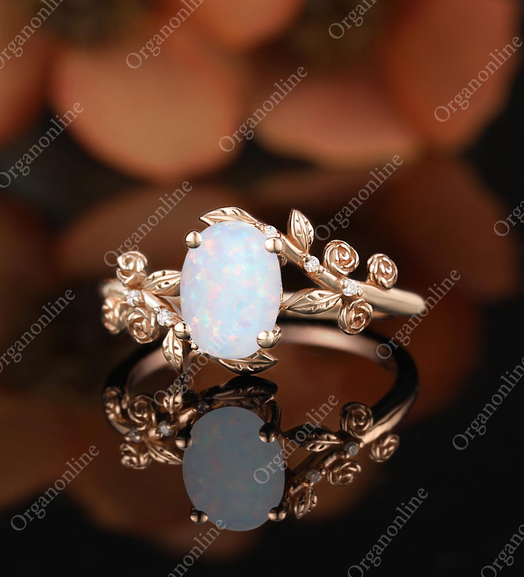 Oval Cut Opal Engagement Ring Solid Gold Floral Moissanite Wedding Ring ...