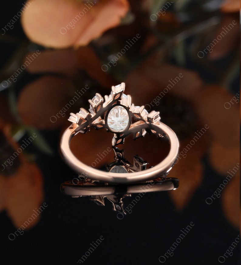 Oval moissanite engagement ring vintage Unique Marquise cut Diamond Cluster ring Rose gold engagement ring leaf ring Bridal ring Anniversary image 3