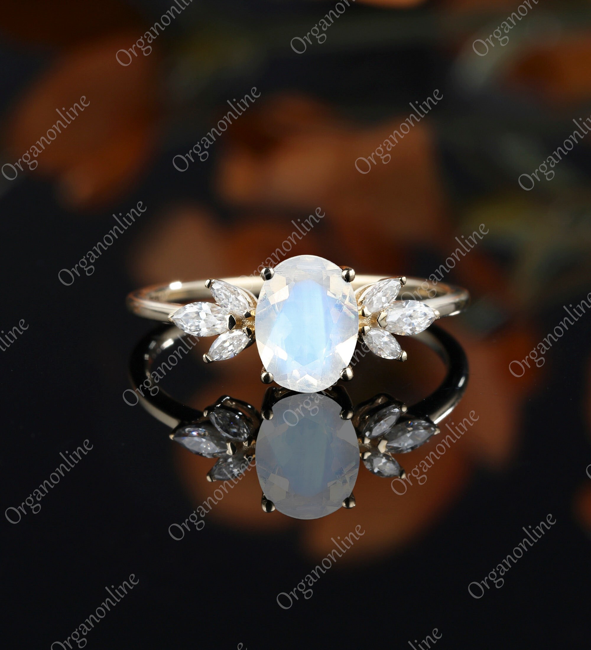 Oval moonstone engagement ring vintage unique moissanite yellow gold Marquise leaf diamond Cluster wedding vintage Bridal Anniversary gift