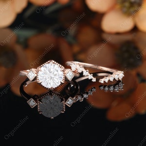Vintage moissanite engagement ring set princess cut rose gold anniversary ring Bead edge Diamond/Moissanite promise Three stone bridal set