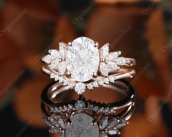 Oval Moissanite Engagement Ring Set Vintage Unique Marquise