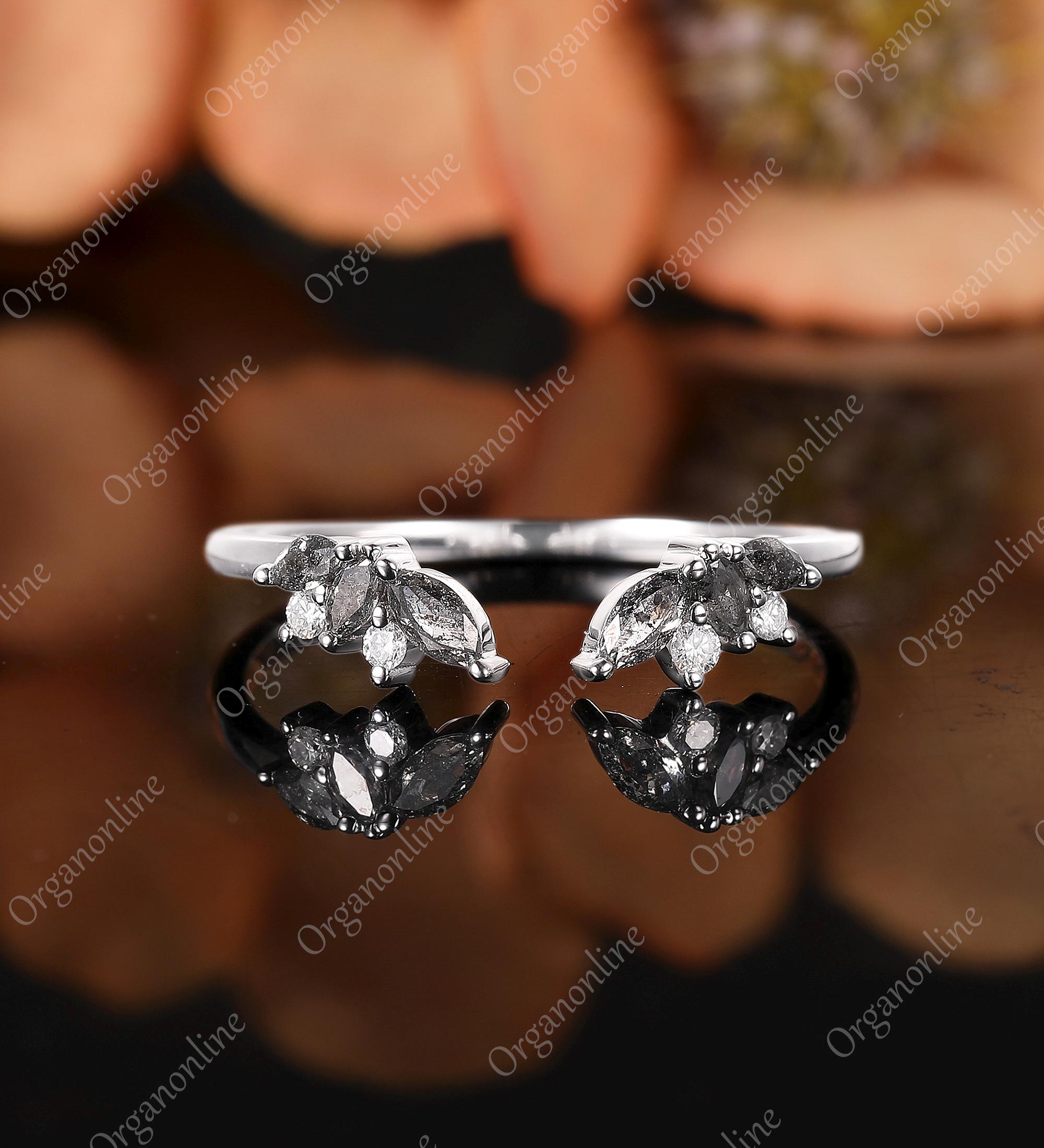 Salt And Pepper Diamond Wedding Band Open Curved Wedding Ring Solid White Gold matching band Anniversary stacking band Anniversary ring gift