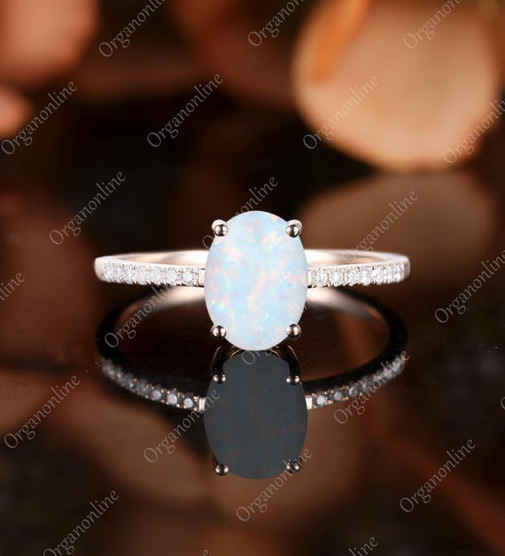 Anniversary Oval opal engagement ring Diamond moissanite solid yellow gold  ring Vintage promise wedding ring Anniversary bridal ring women