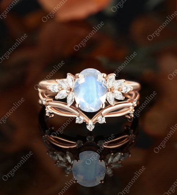 Oval Cut Moonstone Engagement Rose Gold Ring Set Anniversary