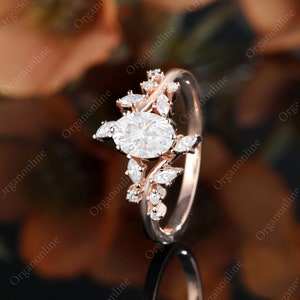 Oval moissanite engagement ring vintage Unique Marquise cut Diamond Cluster ring Rose gold engagement ring leaf ring Bridal ring Anniversary image 4