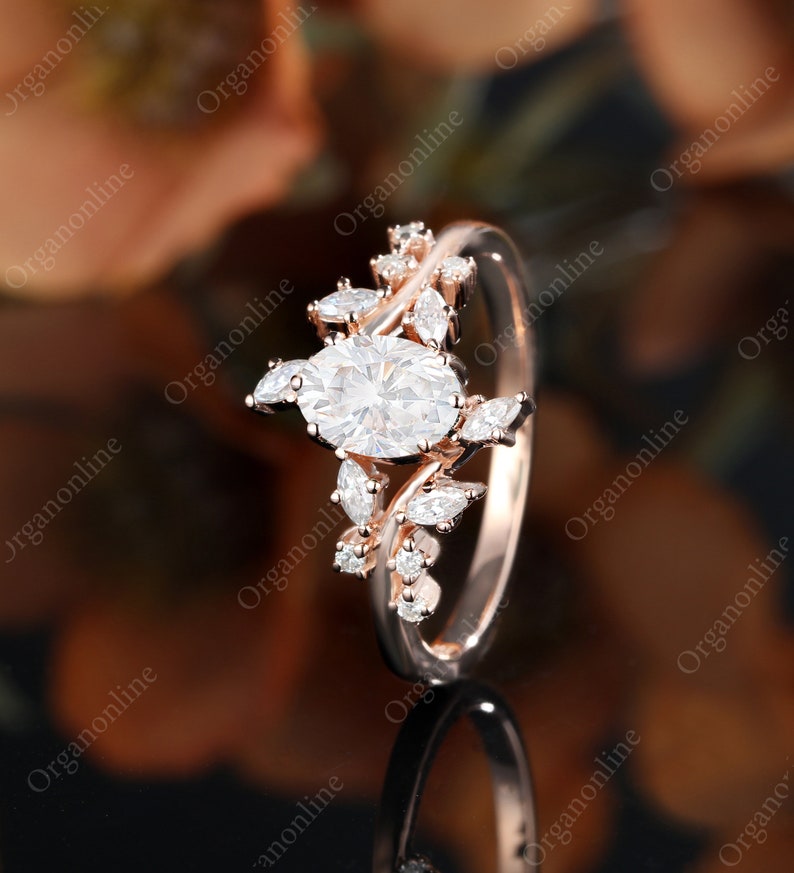 Oval moissanite engagement ring vintage Unique Marquise cut Diamond Cluster ring Rose gold engagement ring leaf ring Bridal ring Anniversary image 4