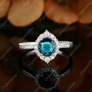 Round cut teal sapphire engagement ring, Moissanite diamond halo wedding ring, Vintage white gold prong ring Anniversary promise bridal ring
