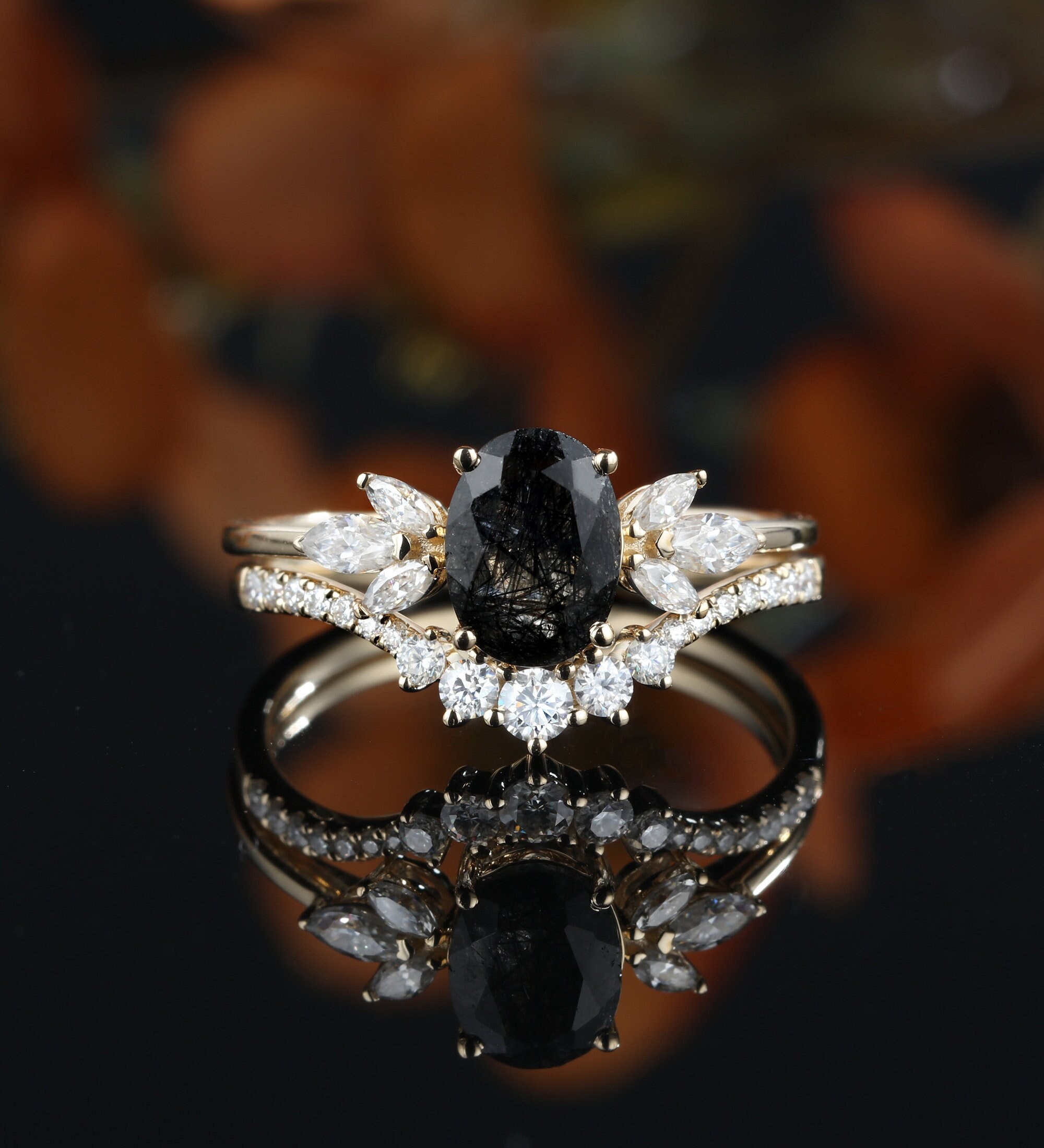 Anillo Rutilado Negro Ovalado Juego Anillos Compromiso Cuarzo Rutilado  Negro - Oro Rosa, Ovalado, Circonita Negra, Curvado Anillos Aniversario Boda, image size:2000x2200