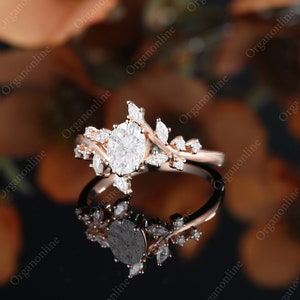 Oval moissanite engagement ring vintage Unique Marquise cut Diamond Cluster ring Rose gold engagement ring leaf ring Bridal ring Anniversary image 2
