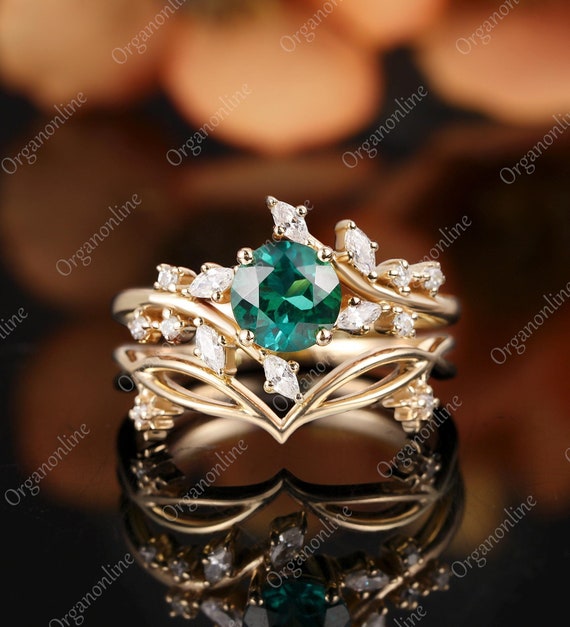 Ensemble rond de bague de fiançailles émeraude, alliance assortie