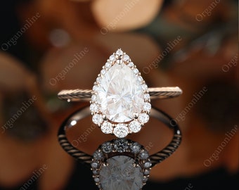 Vintage Pear shaped moissanite engagement ring halo moissanite Rose gold ring milgrain art deco diamond ring unique anniversary promise ring