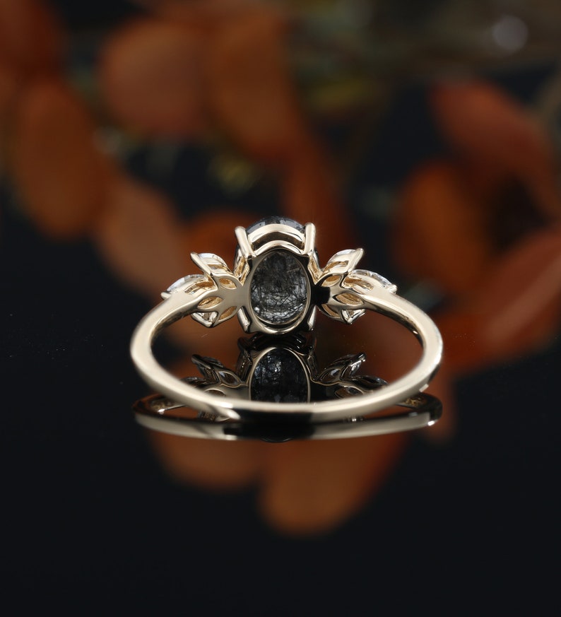 Oval Black Rutilated Quartz engagement ring vintage unique rose gold Marquise diamond Cluster wedding vintage ring Bridal Anniversary gift image 8