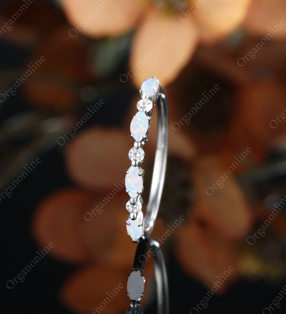opal wedding band white gold | Marquise cut ring | Diamond Moissanite ring | Vintage leaf ring Prong set Jewelry | Anniversary gift for her