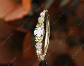 vintage diamond engagement ring moissanite engagement ring art deco women opal rose gold pearl ring unique ring anniversary gift for her