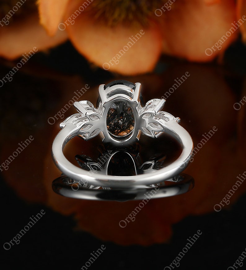Oval Black Rutilated Quartz engagement ring vintage unique rose gold Marquise diamond Cluster wedding vintage ring Bridal Anniversary gift image 6