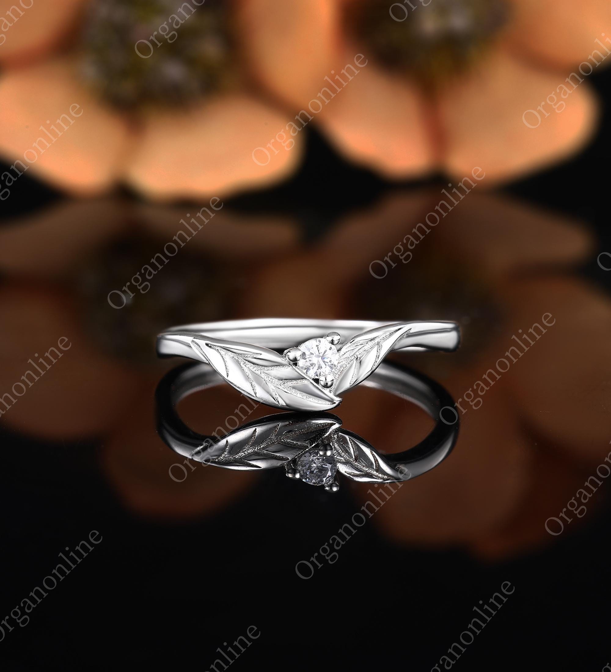 Alianza de boda con diamantes de hoja curva, delicada moissanita, oro blanco macizo, alianza a juego, anillo de promesa único, anillo apilable, alianza de boda de aniversario