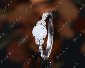 natural opal Engagement ring,marquise cut moissanite White Gold ring,Twisted Wedding ring,Vintage Cluster diamond ring,Art Deco Promise ring