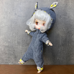 Blythe doll clothes, jumpsuit for Blythe doll, gray cotton lined fleece jumpsuit