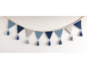 Gray Blue Fabric Bunting Banner, Fabric Bunting Flags with Tassels, Pennant Bunting, Rustic Garland, Nautical Flag Bunting, Photo Props Baby