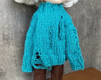 Blythe doll clothes, dark turquoise oversized ragged sweater