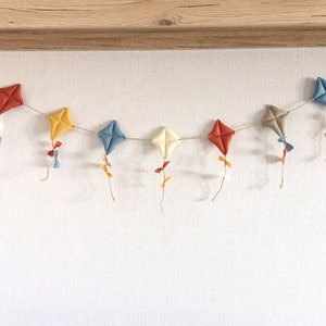 Linen kite garland, Nursery wall decor, Blue gray mustard terracotta garland