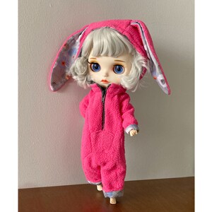 Set of clothes for Blythe doll, pink fleece jumpsuit with headband, outfit for Blythe